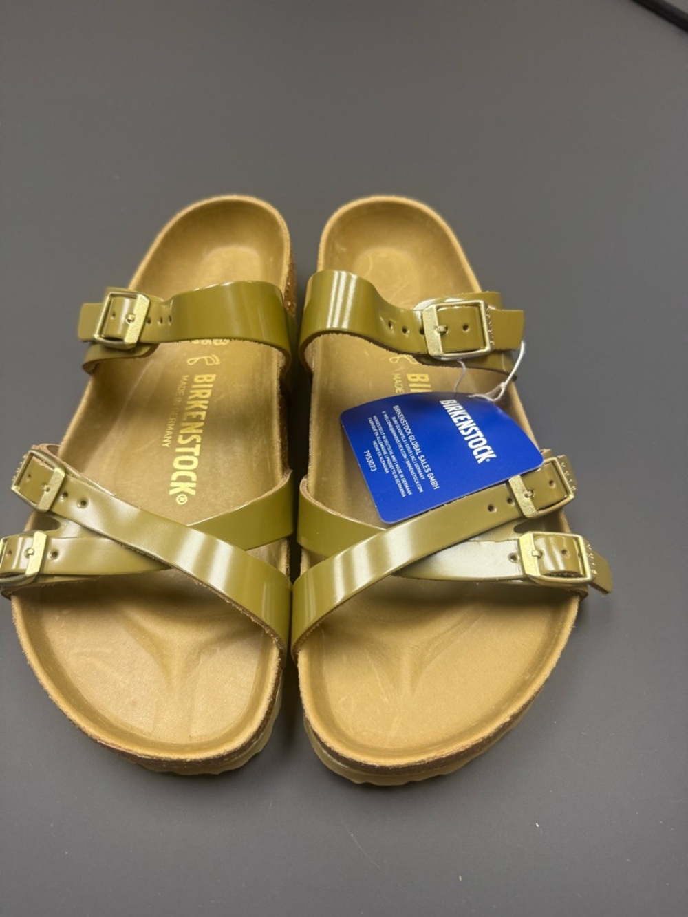 Birkenstock Olive Patent Two-Strap Buckle Sandals